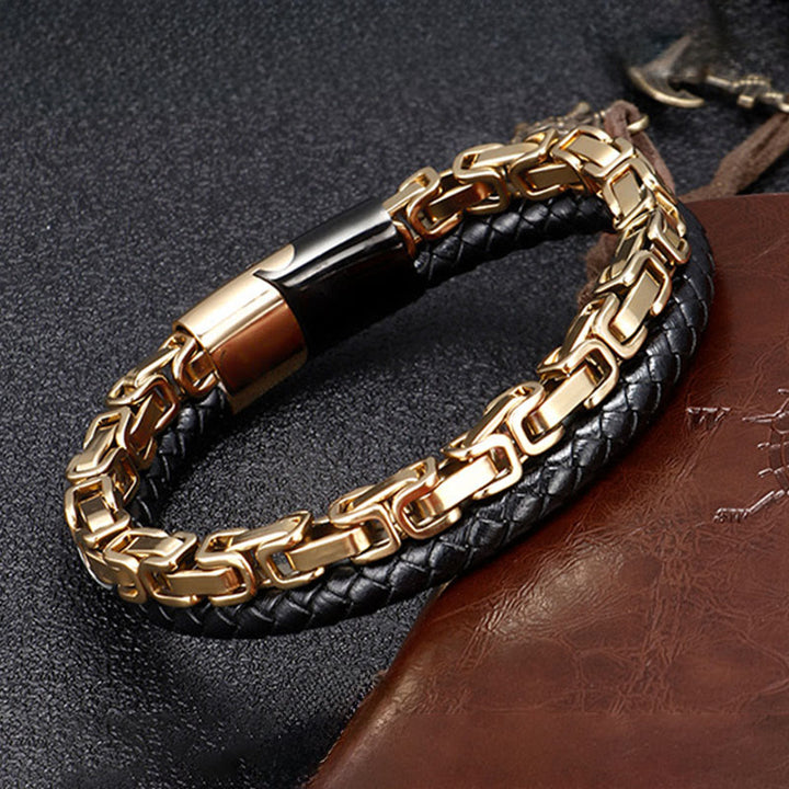 Buddha Stones Gliederketten-Armband mit doppelter Wicklung aus geflochtenem Leder - Goldener Titanstahl (Handgelenkumfang: 18-19 cm) - image 5