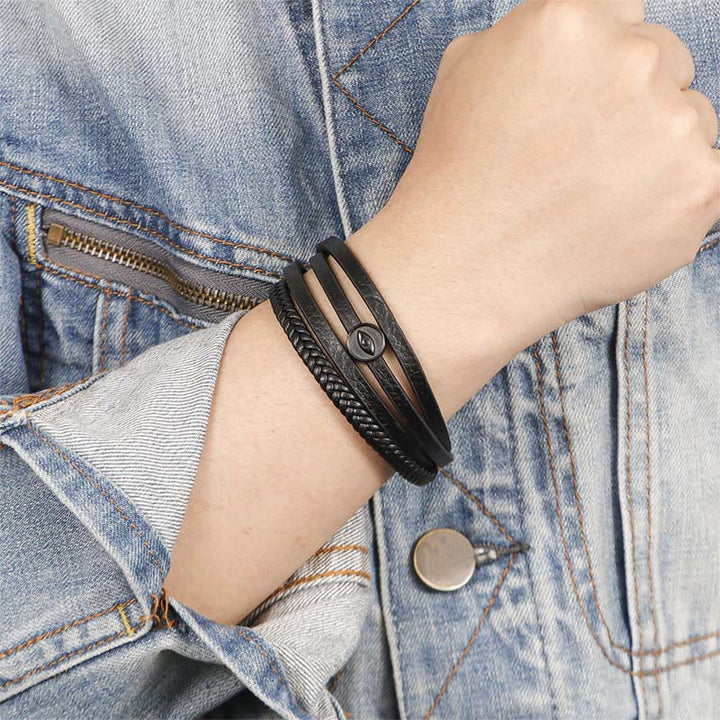 Buddha Stones Mehrlagiges geflochtenes Lederarmband mit bösem Blick - image 9