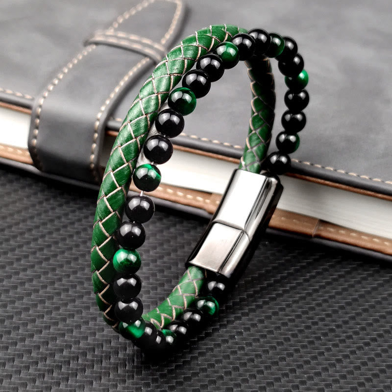 Buddha Stones Grünes Tigerauge, doppelt gewickeltes geflochtenes Lederarmband - Grünes Tigeraugenleder (Handgelenkumfang: 19 cm) - image 0