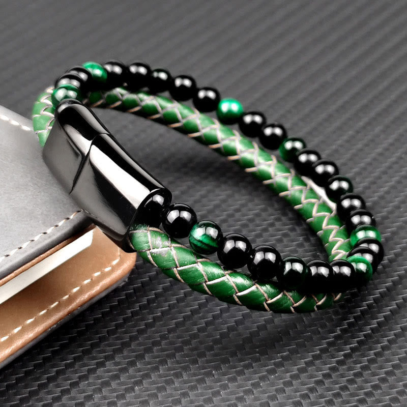 Buddha Stones Grünes Tigerauge, doppelt gewickeltes geflochtenes Lederarmband - image 1