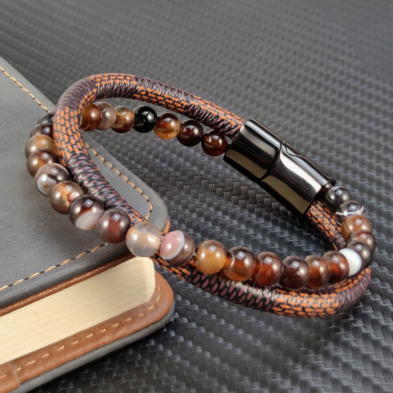 Buddha Stones Sardonyx Doppelwickel-Flechtarmband aus Leder - image 1