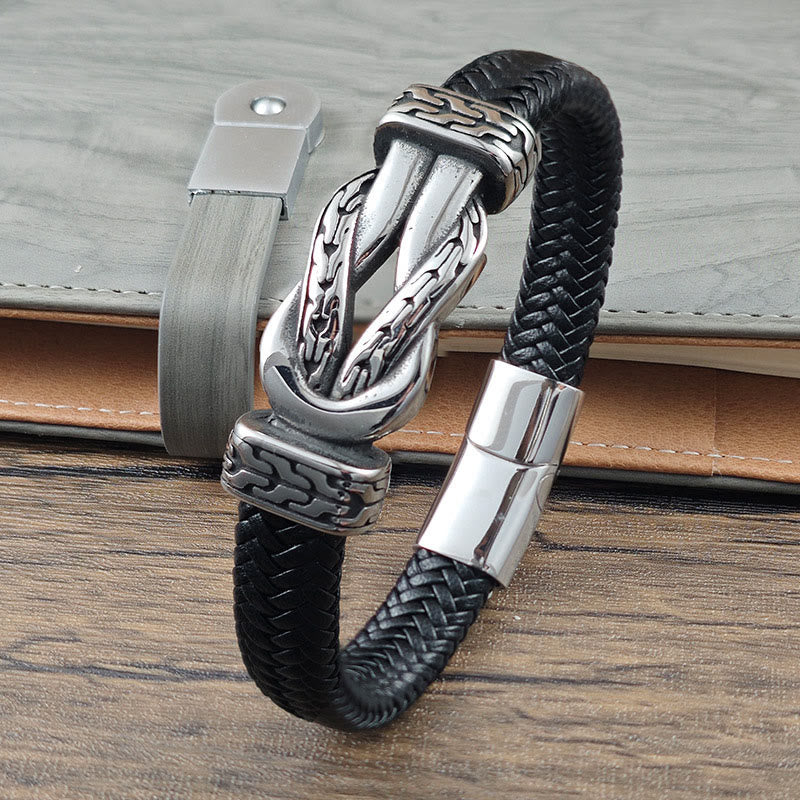 Buddha Stones Knotendesign Geflochtenes Leder-Balance-Armband - Titanstahl, Leder (Handgelenkumfang: 19 cm) - image 0