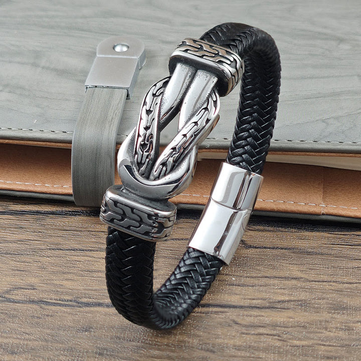 Buddha Stones Knotendesign Geflochtenes Leder-Balance-Armband - Titanstahl, Leder (Handgelenkumfang: 19 cm) - image 0