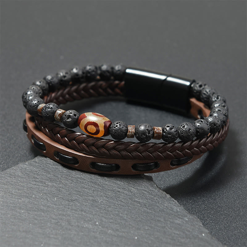 Buddha Stones Dzi-Perlen-Lava-Stein-Mehrschicht-Geflochtenes Leder-Reichtumsarmband - Leder in Kaffeefarbe (Handgelenkumfang: 18-19 cm) - image 3