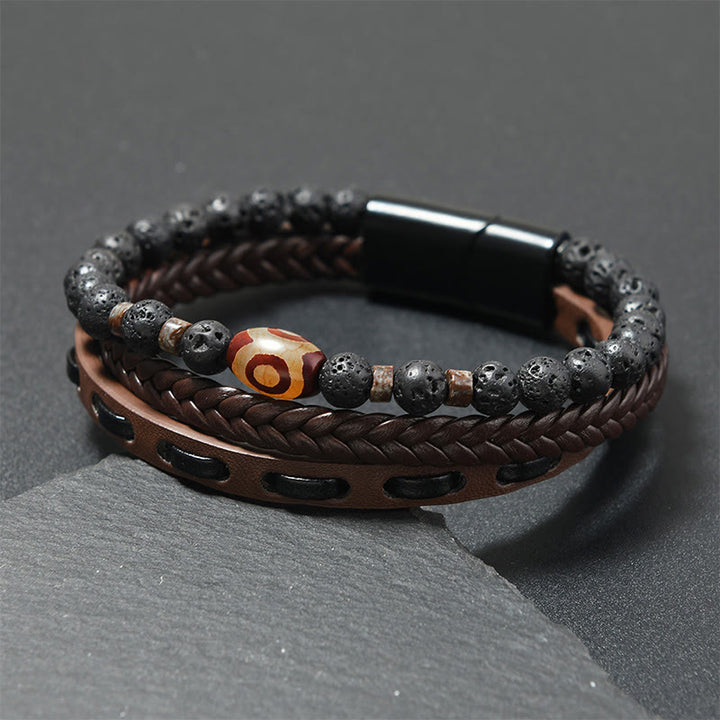 Buddha Stones Dzi-Perlen-Lava-Stein-Mehrschicht-Geflochtenes Leder-Reichtumsarmband - Leder in Kaffeefarbe (Handgelenkumfang: 18-19 cm) - image 3
