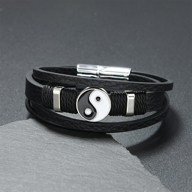 Buddha Stones Schwarzes und weißes Yin-Yang-Armband aus mehrlagigem Leder - Schwarzes Leder (Handgelenkumfang: 18-19 cm) - image 0