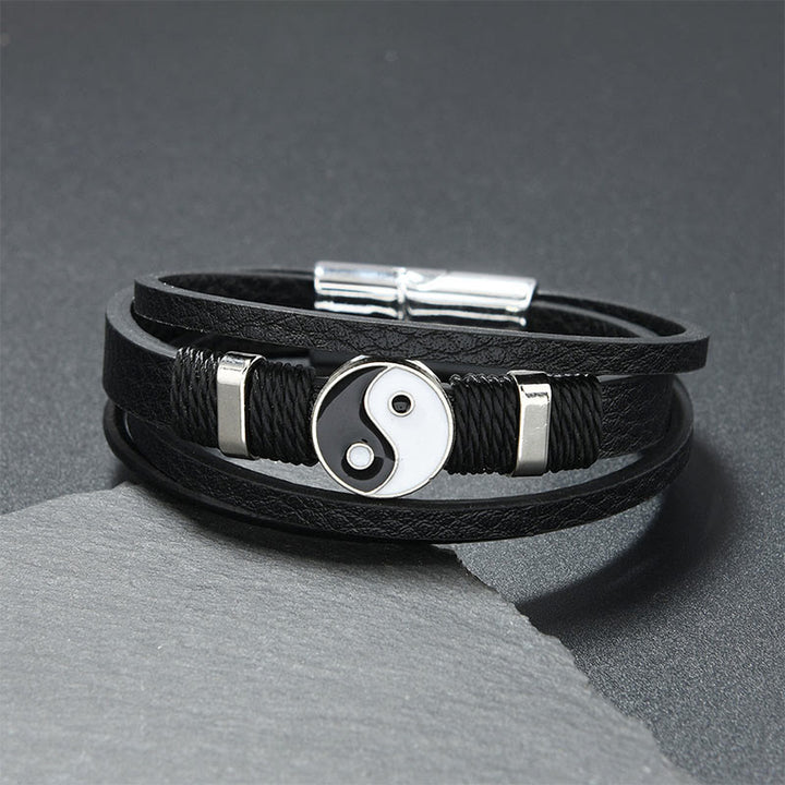 Buddha Stones Schwarzes und weißes Yin-Yang-Armband aus mehrlagigem Leder - Schwarzes Leder (Handgelenkumfang: 18-19 cm) - image 0