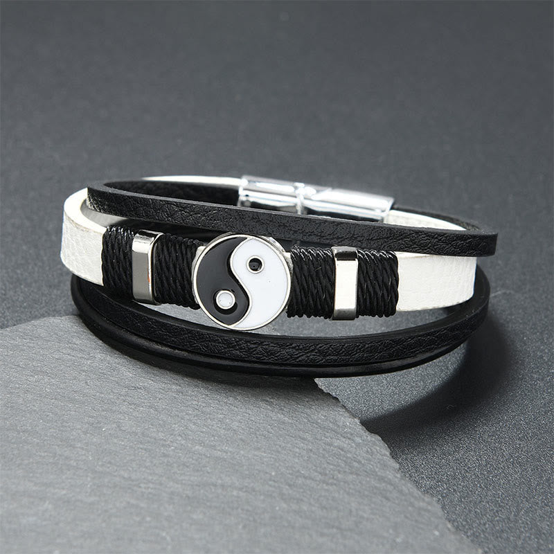 Buddha Stones Schwarzes und weißes Yin-Yang-Armband aus mehrlagigem Leder - Weißes Leder (Handgelenkumfang: 18-19 cm) - image 2