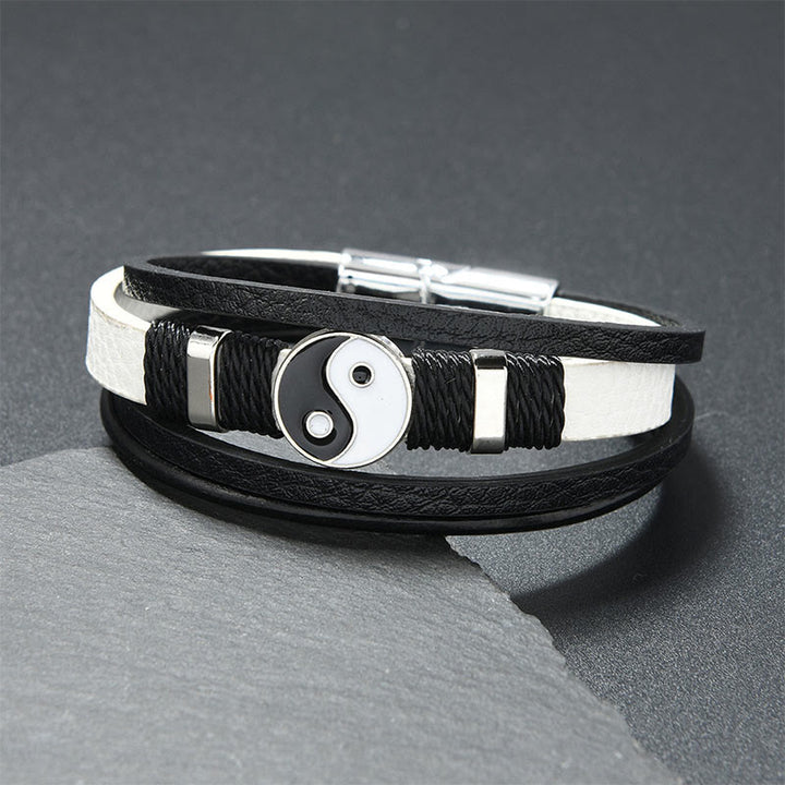 Buddha Stones Schwarzes und weißes Yin-Yang-Armband aus mehrlagigem Leder - Weißes Leder (Handgelenkumfang: 18-19 cm) - image 2