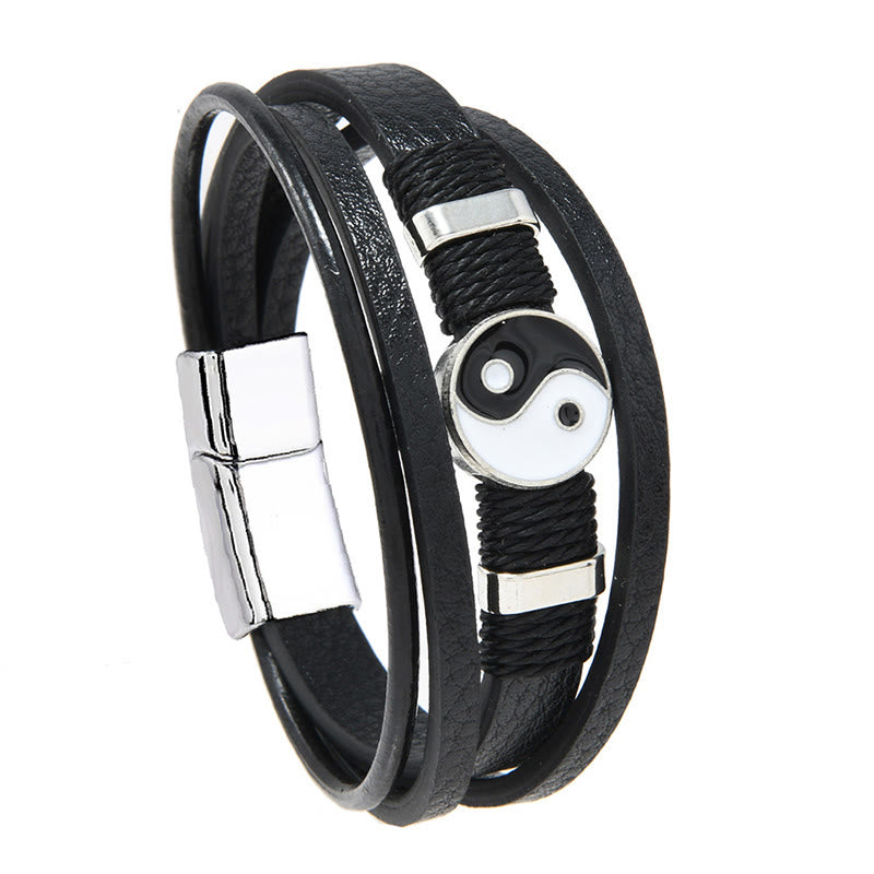 Buddha Stones Schwarzes und weißes Yin-Yang-Armband aus mehrlagigem Leder - image 1