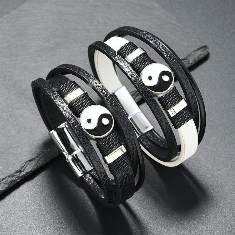 Buddha Stones Schwarzes und weißes Yin-Yang-Armband aus mehrlagigem Leder - image 3
