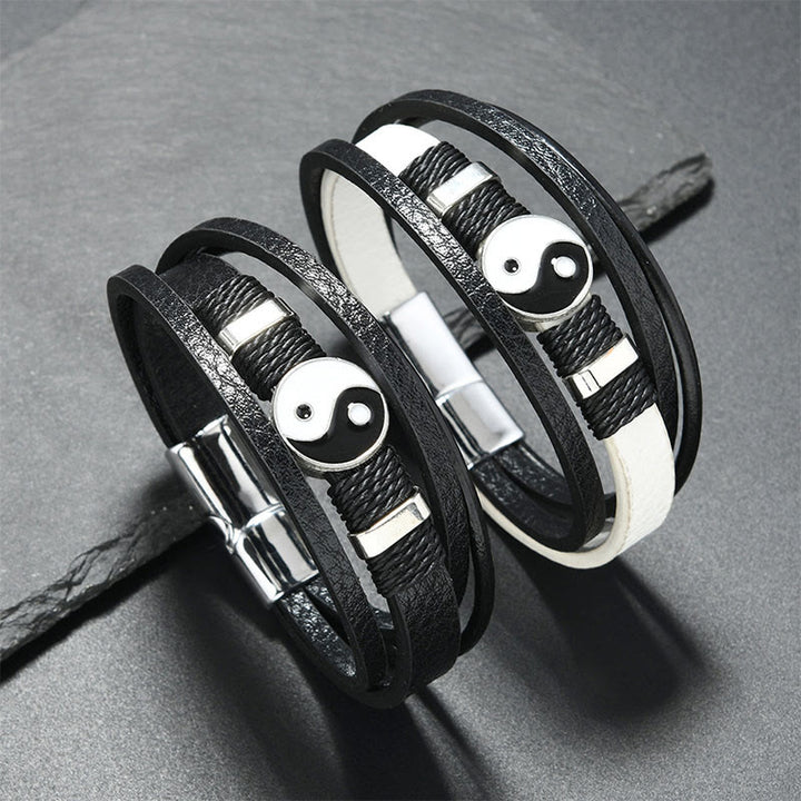 Buddha Stones Schwarzes und weißes Yin-Yang-Armband aus mehrlagigem Leder - image 3