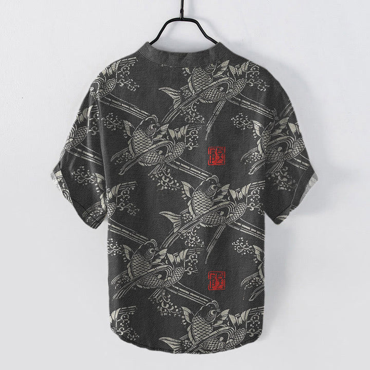Buddha Stones Kurzarmhemd aus Baumwolle mit Koi-Fisch- und Bambusmuster, Herren, halb geknöpft, Kurzarm, Herrenhemd mit halben Knöpfen - image 1