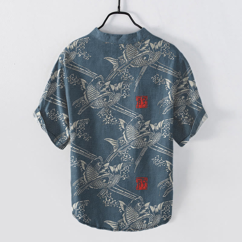 Buddha Stones Kurzarmhemd aus Baumwolle mit Koi-Fisch- und Bambusmuster, Herren, halb geknöpft, Kurzarm, Herrenhemd mit halben Knöpfen - image 7