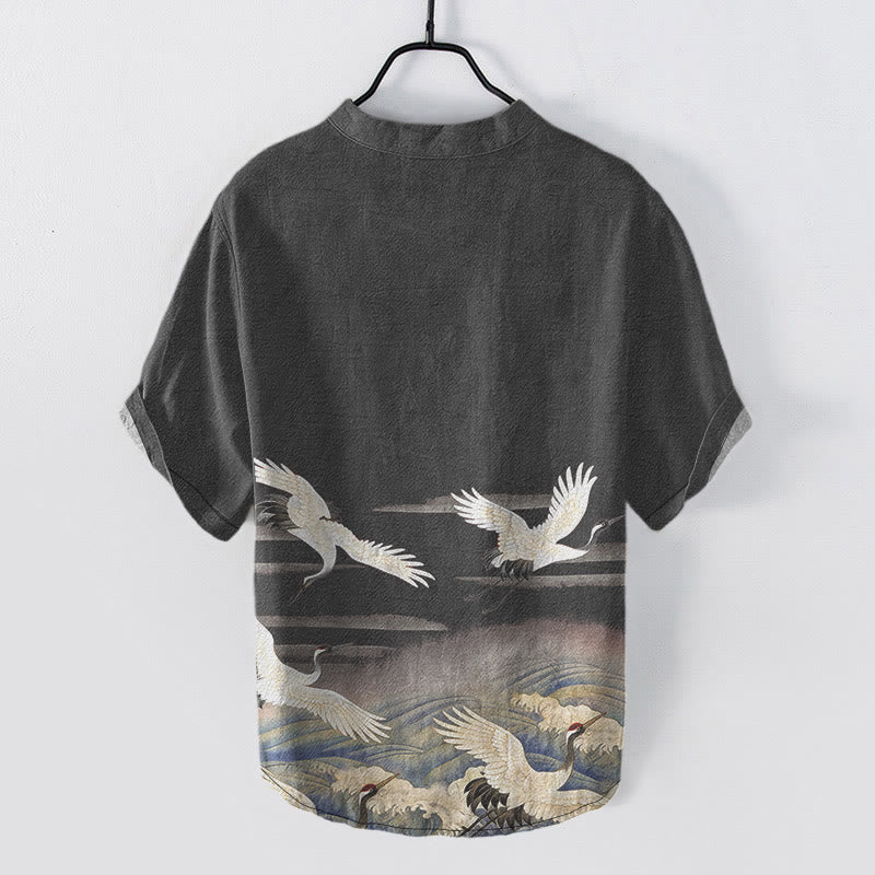 Buddha Stones Kurzarm-Herrenhemd aus Baumwolle mit Kranich-Wellen-Muster und halber Knopfleiste - image 1