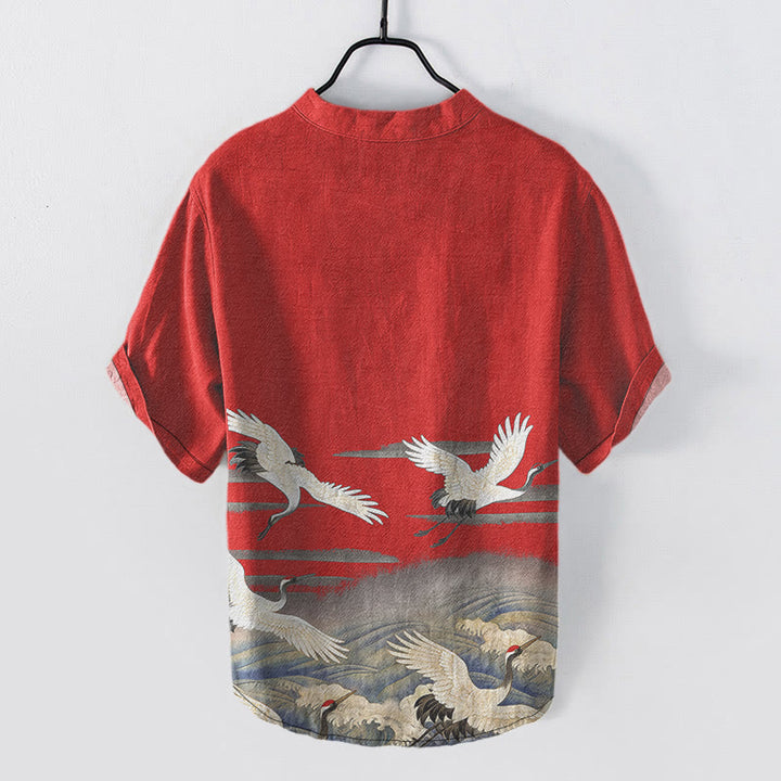 Buddha Stones Kurzarm-Herrenhemd aus Baumwolle mit Kranich-Wellen-Muster und halber Knopfleiste - image 7