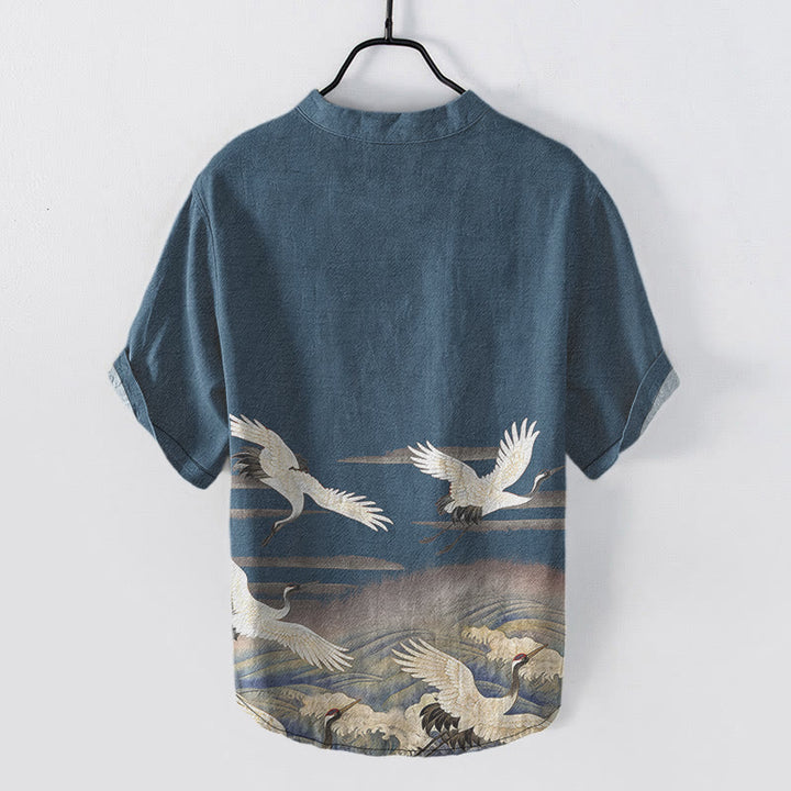 Buddha Stones Kurzarm-Herrenhemd aus Baumwolle mit Kranich-Wellen-Muster und halber Knopfleiste - image 5