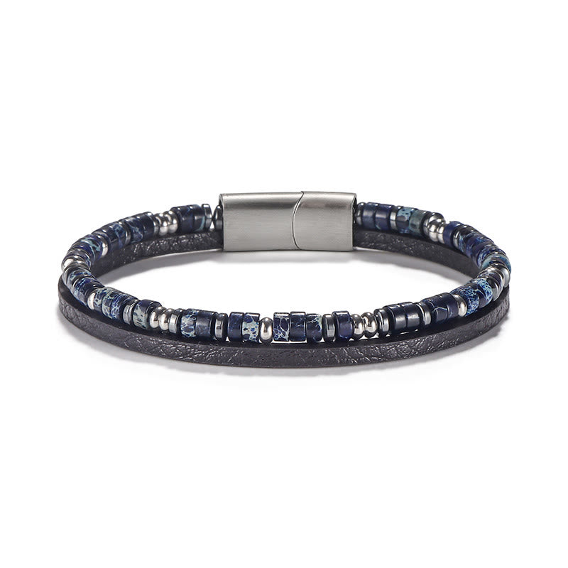 Buddha Stones Lapislazuli-Tigeraugen-Perlen-Balance-Lederarmband - Lapislazuli (Handgelenkumfang: 18-19 cm) - Rondelle-Perlen, runde Abstandshalterperlen - image 3