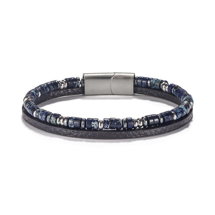 Buddha Stones Lapislazuli-Tigeraugen-Perlen-Balance-Lederarmband - Lapislazuli (Handgelenkumfang: 18-19 cm) - Rondelle-Perlen, runde Abstandshalterperlen - image 3