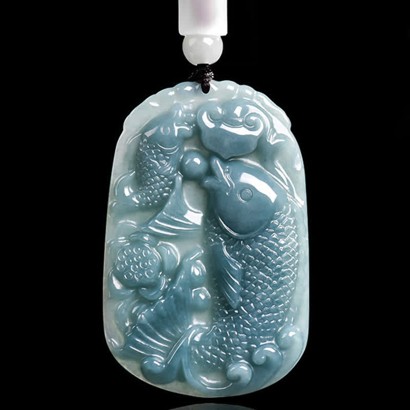 Buddha Stones Halskettenanhänger aus natürlichem Jade mit zwei Koi-Karpfen als Symbol für Wohlstand - image 1