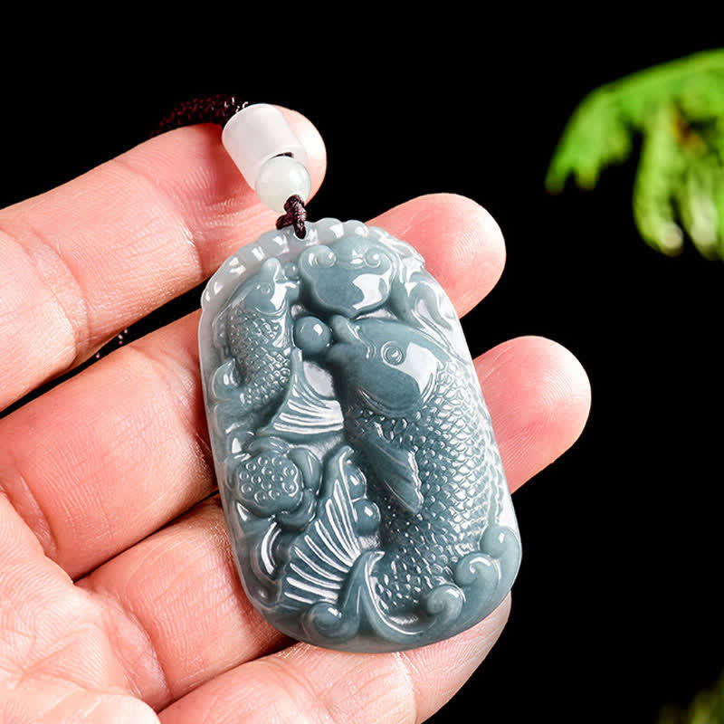 Buddha Stones Halskettenanhänger aus natürlichem Jade mit zwei Koi-Karpfen als Symbol für Wohlstand - image 4