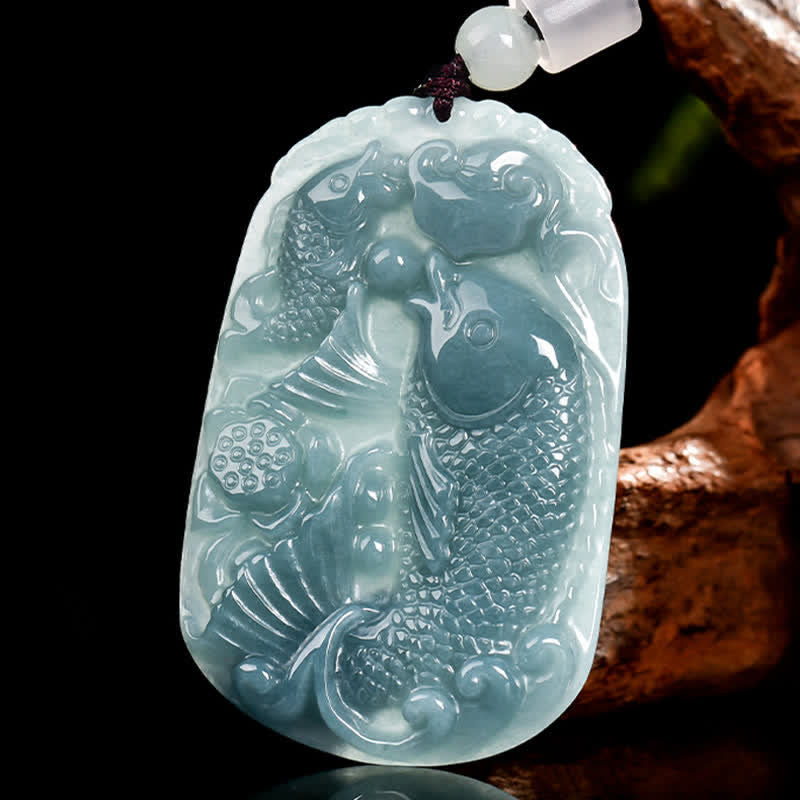 Buddha Stones Halskettenanhänger aus natürlichem Jade mit zwei Koi-Karpfen als Symbol für Wohlstand - image 2