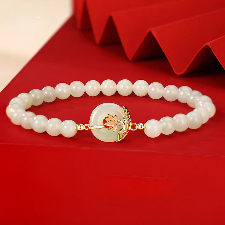 Buddha Stones Armband aus 925er Sterlingsilber mit Lotus-Symbol aus weißem Hetian-Jade und Friedensschnalle. - Lotus - Hetian-Weißjade (Handgelenkumfang 15-16 cm) - image 0