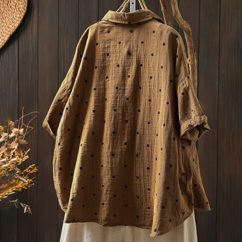 Buddha Stones Damen-Pendelbluse mit kurzen Ärmeln, Polka-Dot-Ausschnitt, Reverskragen und Taschen - image 15