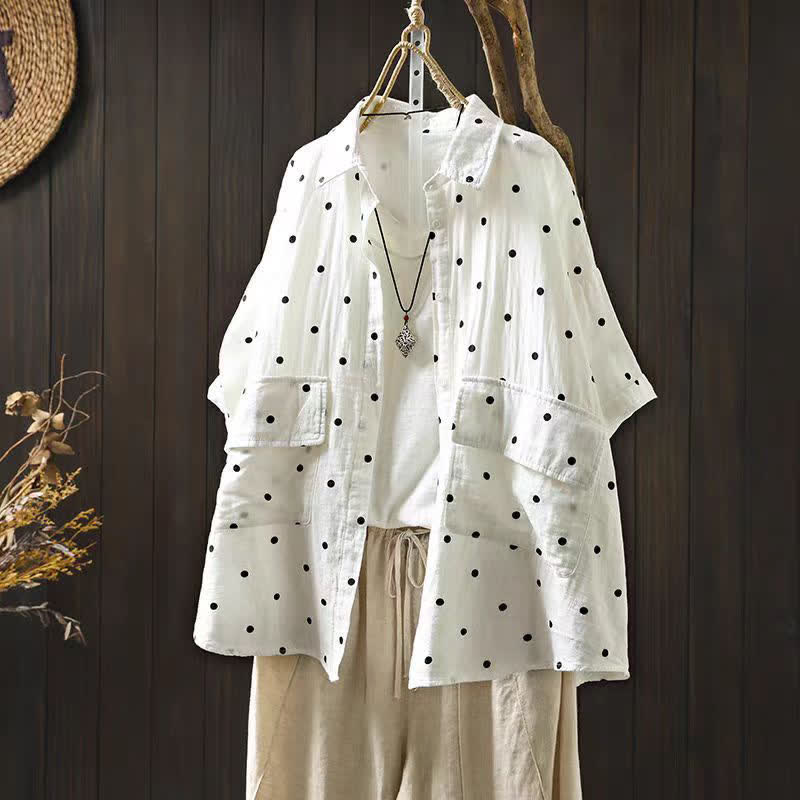Buddha Stones Damen-Pendelbluse mit kurzen Ärmeln, Polka-Dot-Ausschnitt, Reverskragen und Taschen - Weiß - US12, UK/AU16, EU44 (2XL) - image 2