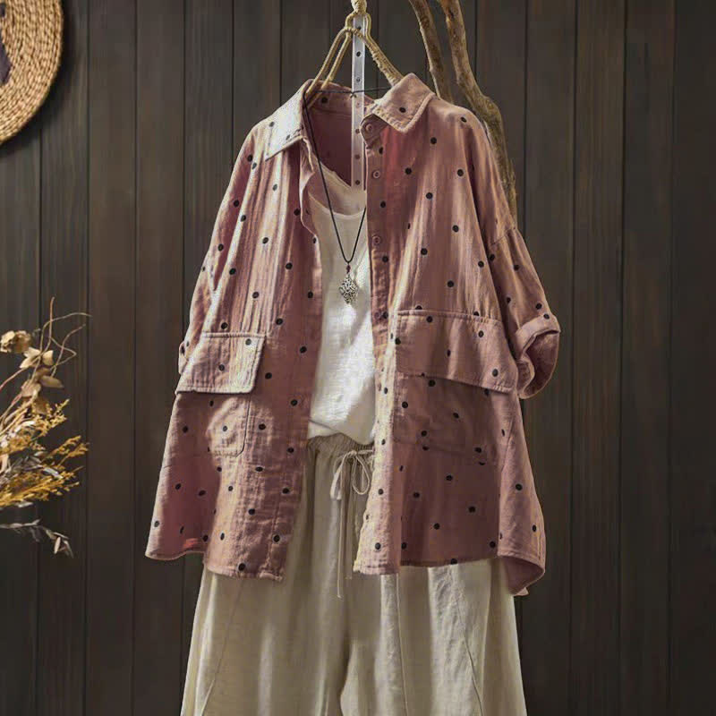 Buddha Stones Damen-Pendelbluse mit kurzen Ärmeln, Polka-Dot-Ausschnitt, Reverskragen und Taschen - Hellkoralle - US12, UK/AU16, EU44 (2XL) - image 0