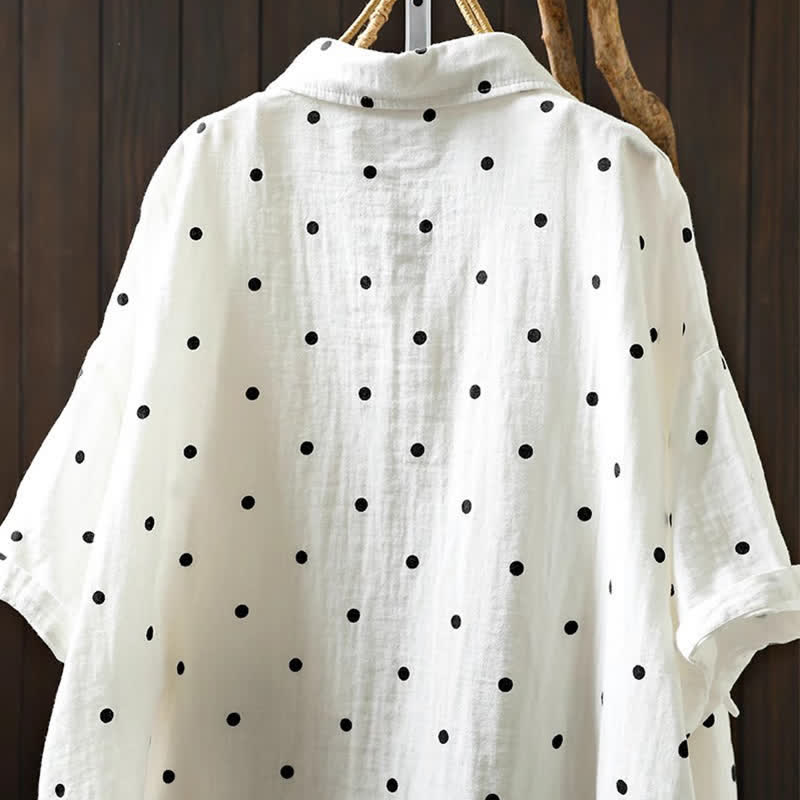 Buddha Stones Damen-Pendelbluse mit kurzen Ärmeln, Polka-Dot-Ausschnitt, Reverskragen und Taschen - image 5