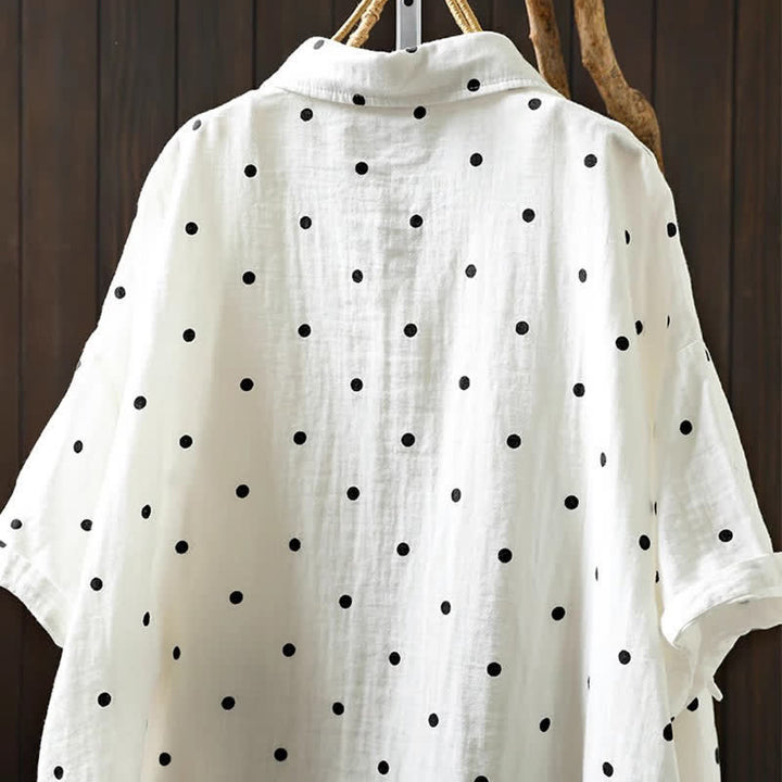 Buddha Stones Damen-Pendelbluse mit kurzen Ärmeln, Polka-Dot-Ausschnitt, Reverskragen und Taschen - image 5