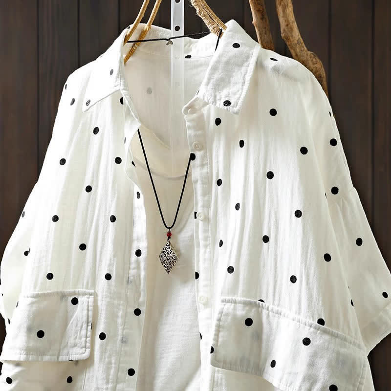 Buddha Stones Damen-Pendelbluse mit kurzen Ärmeln, Polka-Dot-Ausschnitt, Reverskragen und Taschen - image 4