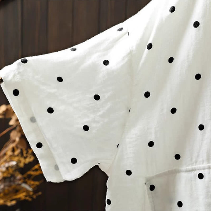 Buddha Stones Damen-Pendelbluse mit kurzen Ärmeln, Polka-Dot-Ausschnitt, Reverskragen und Taschen - image 6