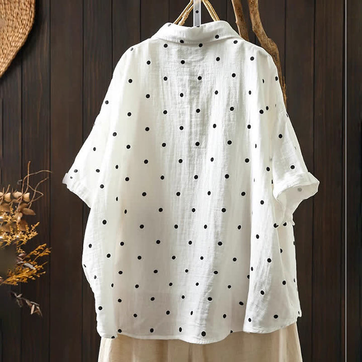Buddha Stones Damen-Pendelbluse mit kurzen Ärmeln, Polka-Dot-Ausschnitt, Reverskragen und Taschen - image 3