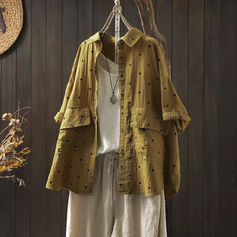 Buddha Stones Damen-Pendelbluse mit kurzen Ärmeln, Polka-Dot-Ausschnitt, Reverskragen und Taschen - Goldrute - US12, UK/AU16, EU44 (2XL) - image 10