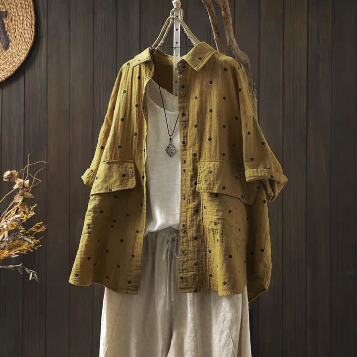 Buddha Stones Damen-Pendelbluse mit kurzen Ärmeln, Polka-Dot-Ausschnitt, Reverskragen und Taschen - Goldrute - US12, UK/AU16, EU44 (2XL) - image 10