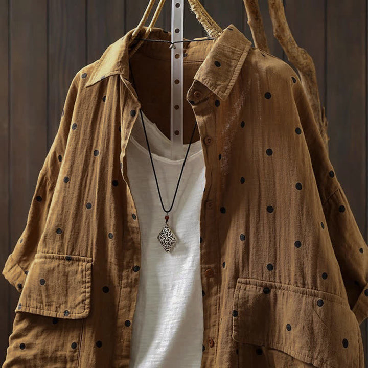 Buddha Stones Damen-Pendelbluse mit kurzen Ärmeln, Polka-Dot-Ausschnitt, Reverskragen und Taschen - image 13