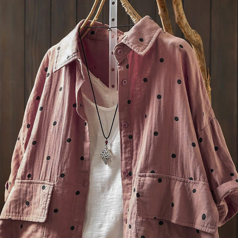 Buddha Stones Damen-Pendelbluse mit kurzen Ärmeln, Polka-Dot-Ausschnitt, Reverskragen und Taschen - image 1