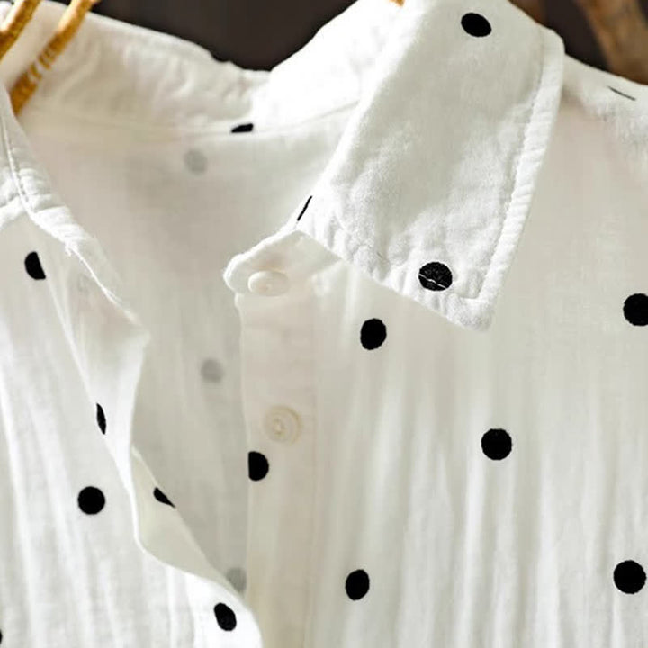 Buddha Stones Damen-Pendelbluse mit kurzen Ärmeln, Polka-Dot-Ausschnitt, Reverskragen und Taschen - image 7