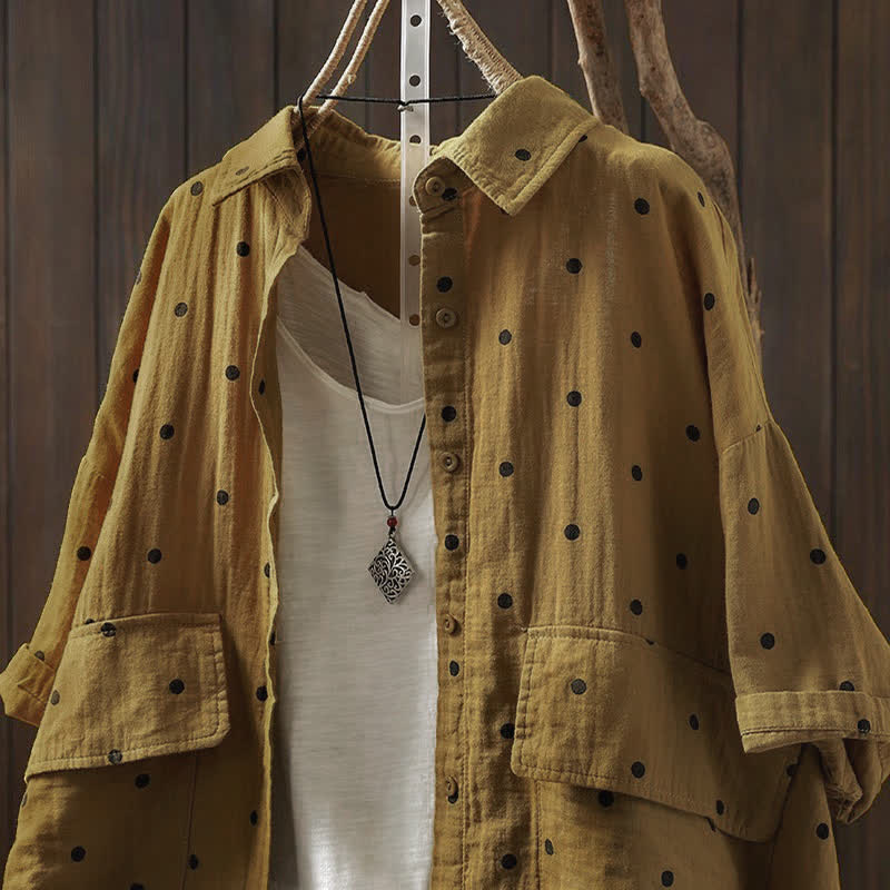 Buddha Stones Damen-Pendelbluse mit kurzen Ärmeln, Polka-Dot-Ausschnitt, Reverskragen und Taschen - image 11