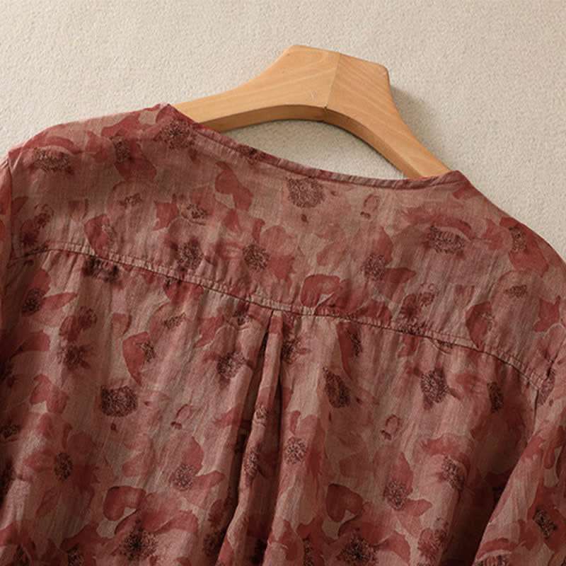 Buddha Stones Commute Floral Rundhals-T-Shirt mit Faltenmuster und Puffärmeln für Damen - image 15