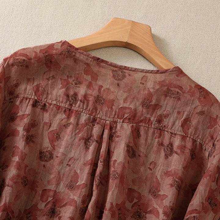 Buddha Stones Commute Floral Rundhals-T-Shirt mit Faltenmuster und Puffärmeln für Damen - image 15