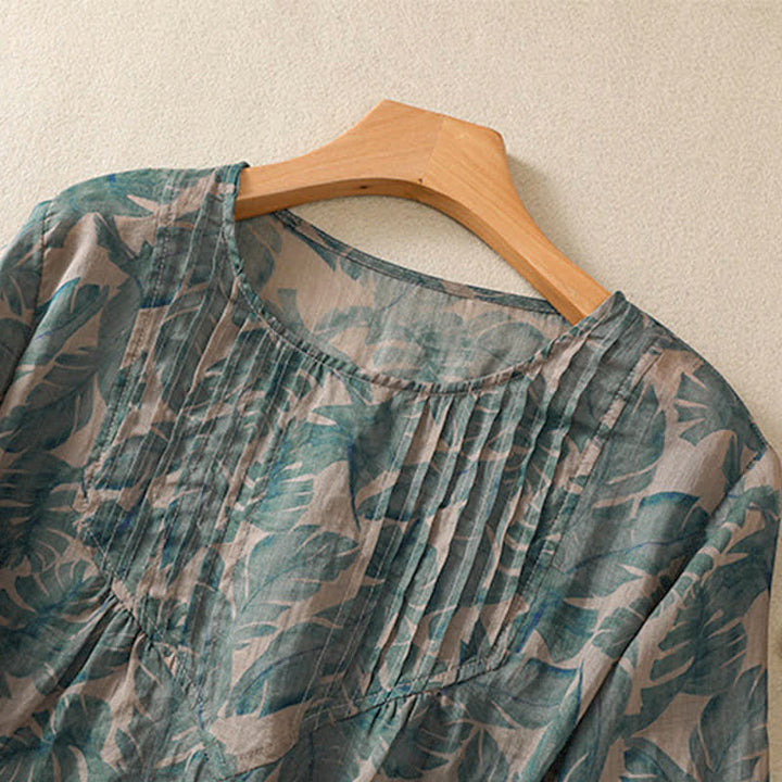 Buddha Stones Commute Floral Rundhals-T-Shirt mit Faltenmuster und Puffärmeln für Damen - image 4