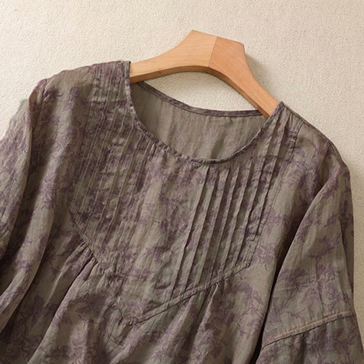 Buddha Stones Commute Floral Rundhals-T-Shirt mit Faltenmuster und Puffärmeln für Damen - image 20