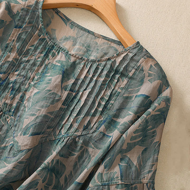 Buddha Stones Commute Floral Rundhals-T-Shirt mit Faltenmuster und Puffärmeln für Damen - image 3