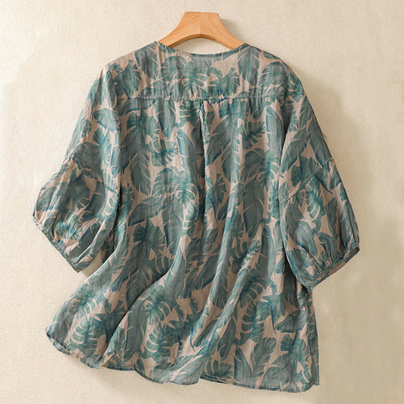 Buddha Stones Commute Floral Rundhals-T-Shirt mit Faltenmuster und Puffärmeln für Damen - image 1