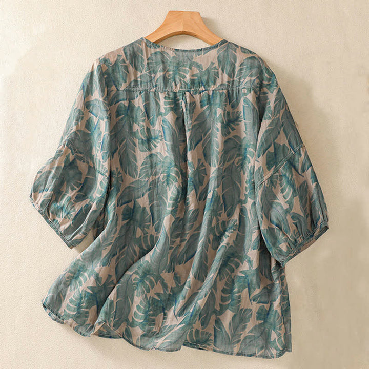 Buddha Stones Commute Floral Rundhals-T-Shirt mit Faltenmuster und Puffärmeln für Damen - image 1