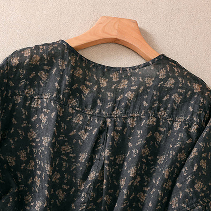 Buddha Stones Commute Floral Rundhals-T-Shirt mit Faltenmuster und Puffärmeln für Damen - image 9