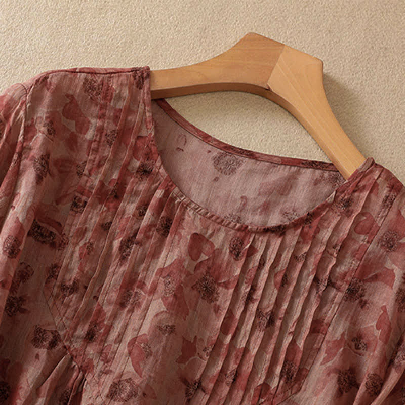 Buddha Stones Commute Floral Rundhals-T-Shirt mit Faltenmuster und Puffärmeln für Damen - image 14